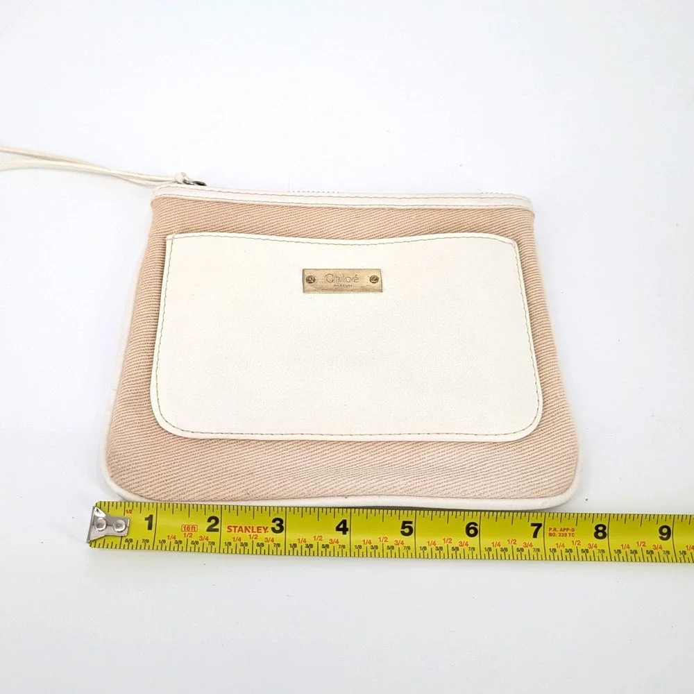 Chloe Parfums Canvas Cosmetic Pouch Tan White Logo Zip Clutch